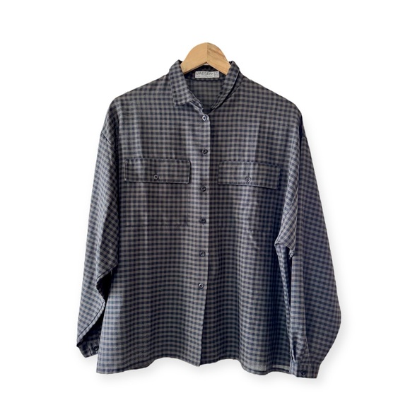 VTG JAEGER London Black & Grey Knit Check Button Front Oxford Shirt, Wool Blend - Picture 1 of 17